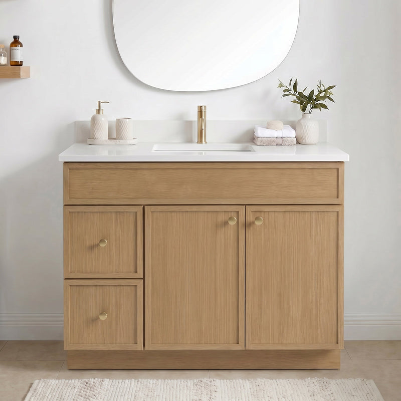 42" White Oak Slim Shaker Bathroom Vanity with Quartz Top