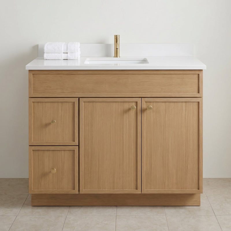 42" White Oak Slim Shaker Bathroom Vanity with Quartz Top