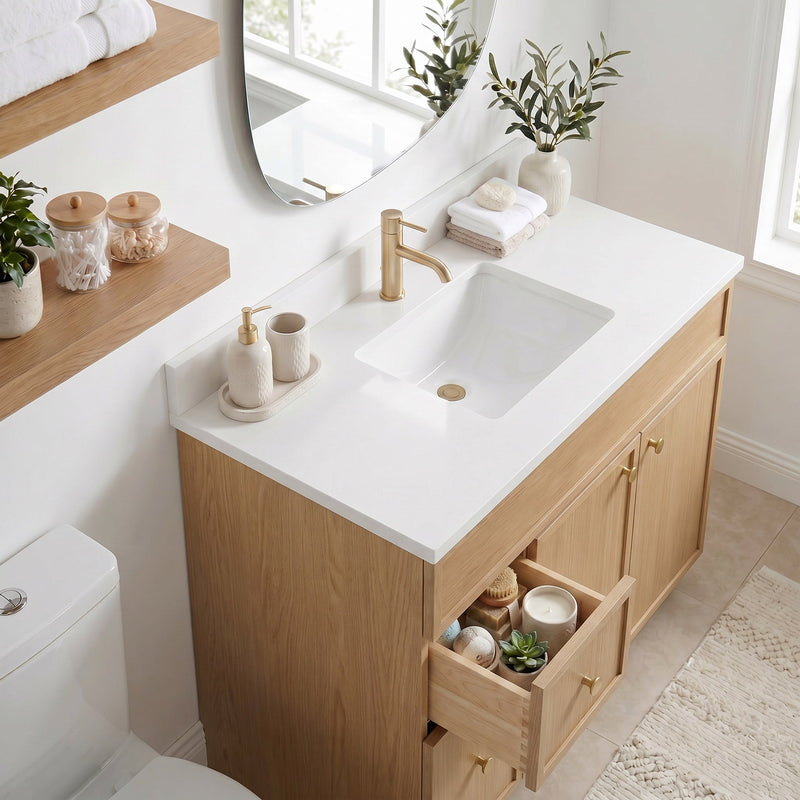 42" White Oak Slim Shaker Bathroom Vanity with Quartz Top