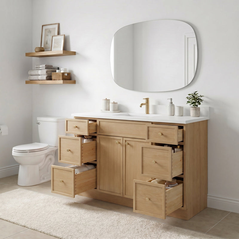 48" White Oak Slim Shaker Bathroom Vanity with Quartz Top