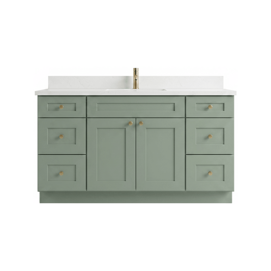 60" Olive Green Shaker Bathroom Vanity with Quartz Top – Single Sink