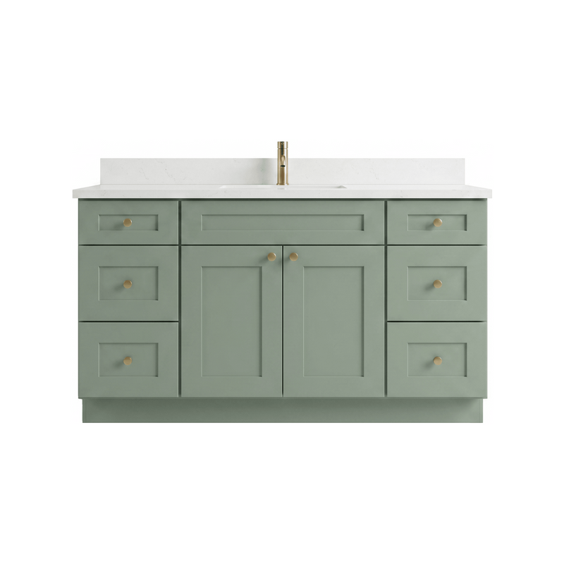 60" Olive Green Shaker Bathroom Vanity with Quartz Top – Single Sink