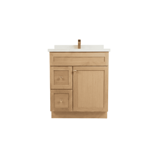30" White Oak Shaker Bathroom Vanity with Quartz Top – Single Sink