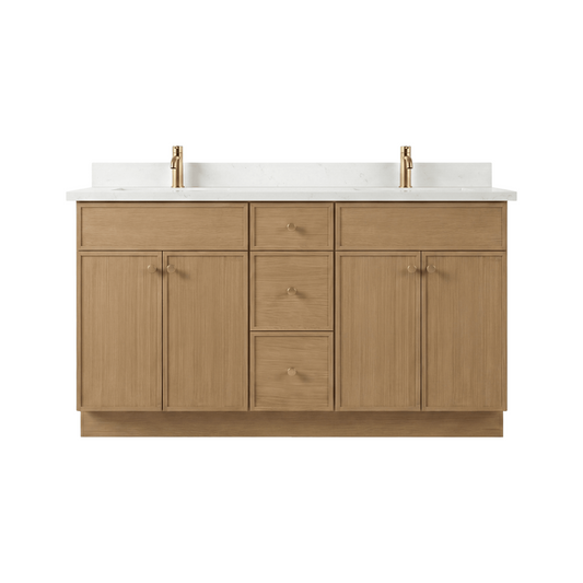 60 inch white oak slim shaker double sink vanity with white quartz top, front view on white background