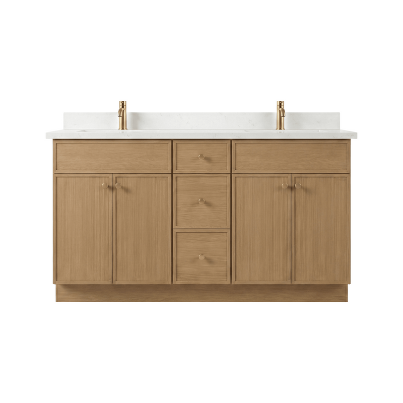 60" White Oak Slim Shaker Bathroom Vanity with Quartz Top – Double Sink