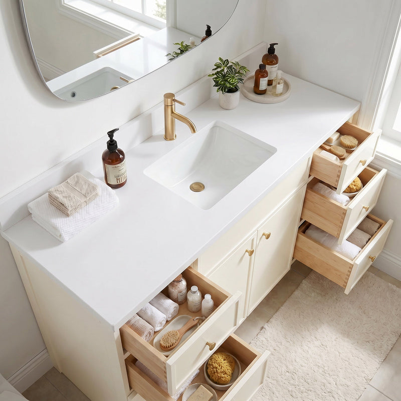 60" Off White Slim Shaker Bathroom Vanity with Quartz Top – Single Sink