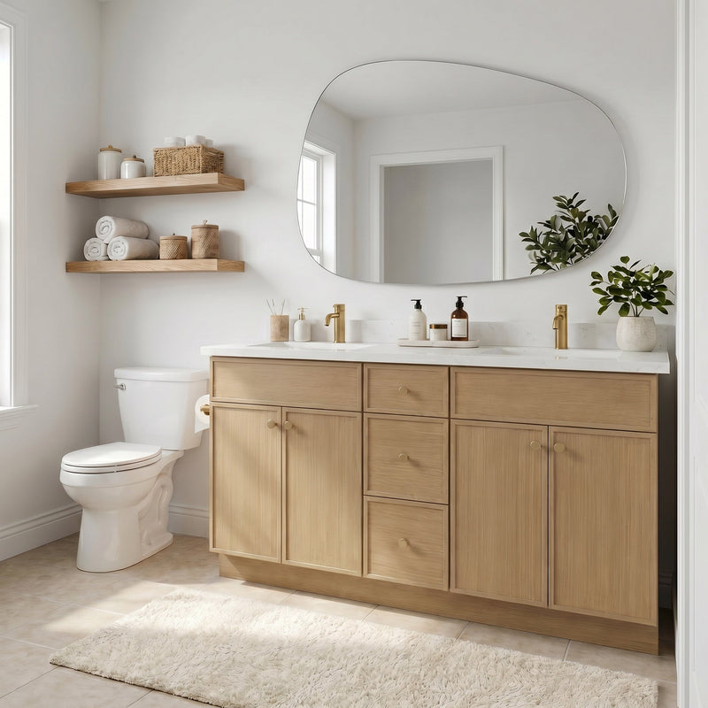 60" White Oak Slim Shaker Bathroom Vanity with Quartz Top – Double Sink