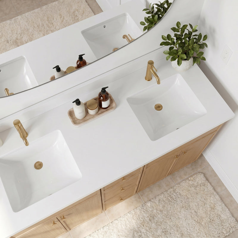 60" White Oak Slim Shaker Bathroom Vanity with Quartz Top – Double Sink