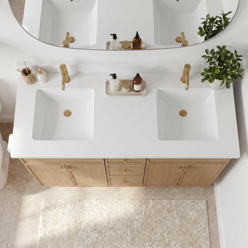 60" White Oak Slim Shaker Bathroom Vanity with Quartz Top – Double Sink