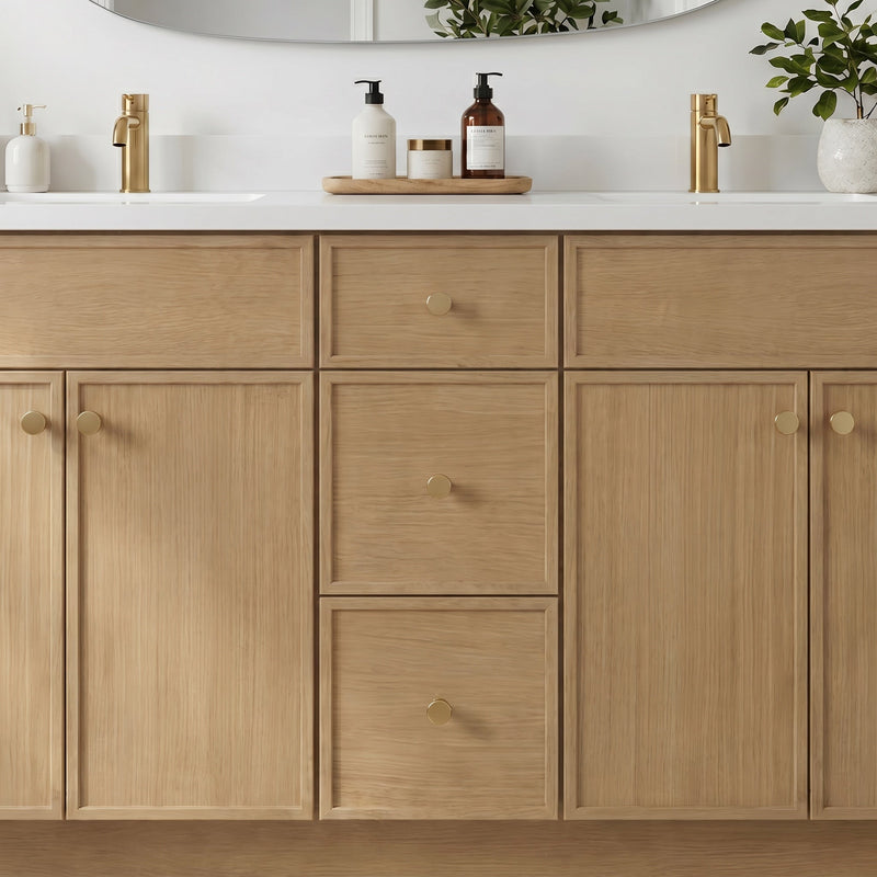 60" White Oak Slim Shaker Bathroom Vanity with Quartz Top – Double Sink