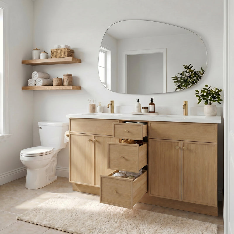 60" White Oak Slim Shaker Bathroom Vanity with Quartz Top – Double Sink