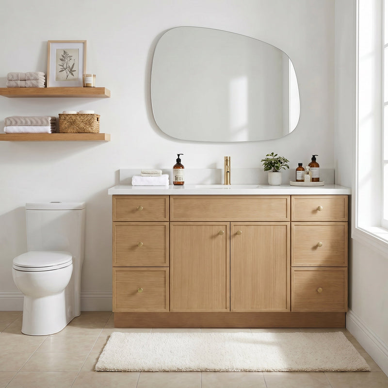 60" White Oak Slim Shaker Bathroom Vanity with Quartz Top – Single Sink