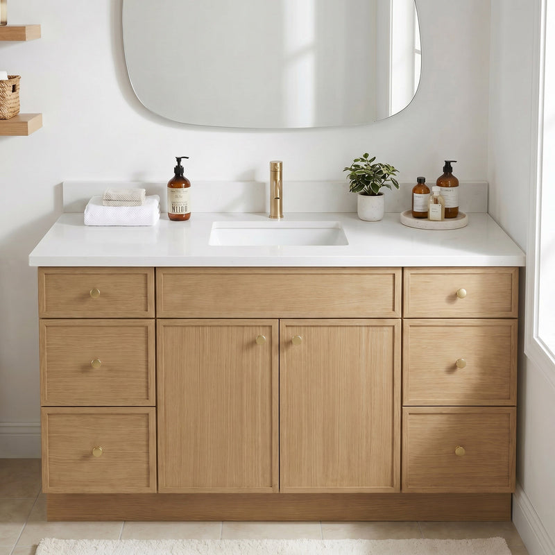 60" White Oak Slim Shaker Bathroom Vanity with Quartz Top – Single Sink