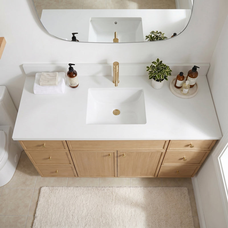 60" White Oak Slim Shaker Bathroom Vanity with Quartz Top – Single Sink