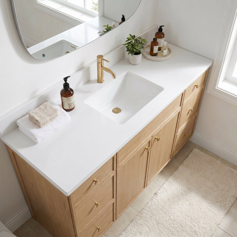 60" White Oak Slim Shaker Bathroom Vanity with Quartz Top – Single Sink
