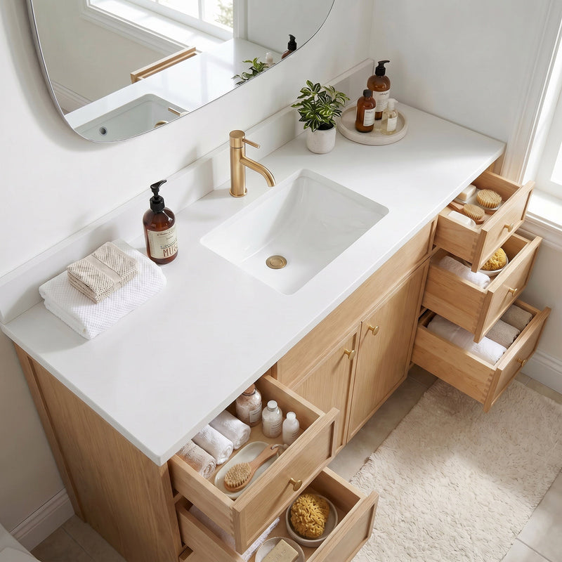 60" White Oak Slim Shaker Bathroom Vanity with Quartz Top – Single Sink