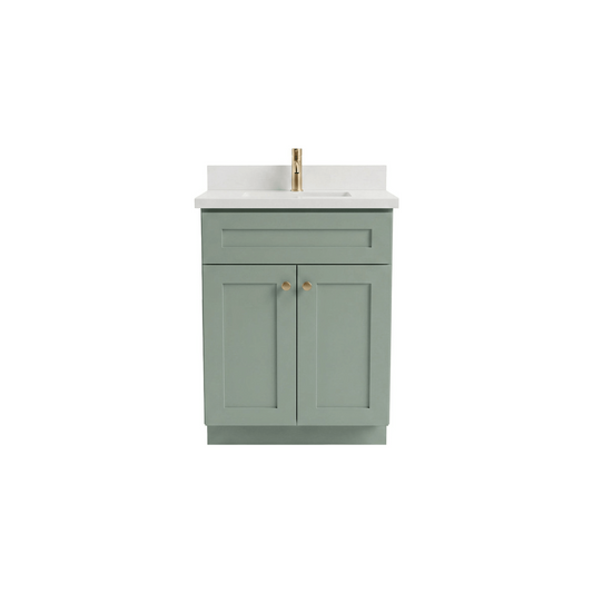 24" Olive Green Shaker Bathroom Vanity with Quartz Top – Single Sink