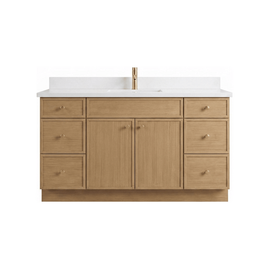 60" White Oak Slim Shaker Bathroom Vanity with Quartz Top – Single Sink