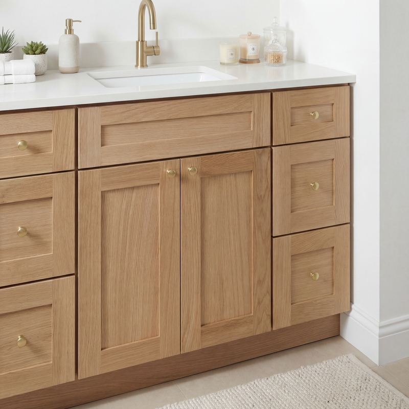 48" White Oak Shaker Bathroom Vanity with Quartz Top – Single Sink