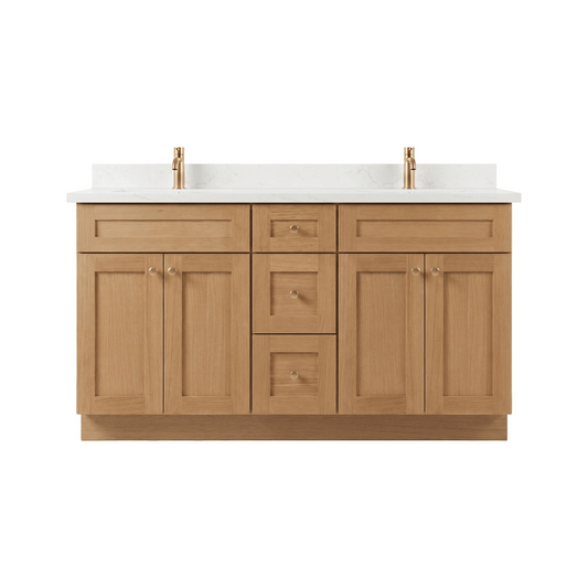 60" White Oak Shaker Bathroom Vanity with Quartz Top – Double Sink