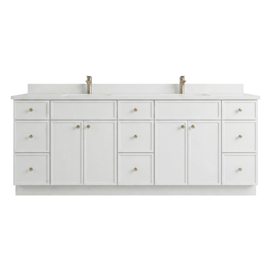 84" White Slim Shaker Bathroom Vanity with Quartz Top – 9 Drawers