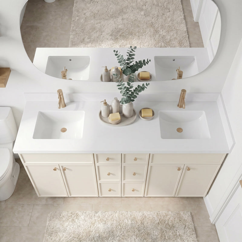 84" Off White Slim Shaker Bathroom Vanity with Quartz Top – 6 Drawers