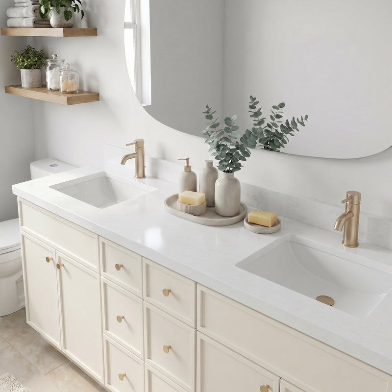 84" Off White Slim Shaker Bathroom Vanity with Quartz Top – 6 Drawers