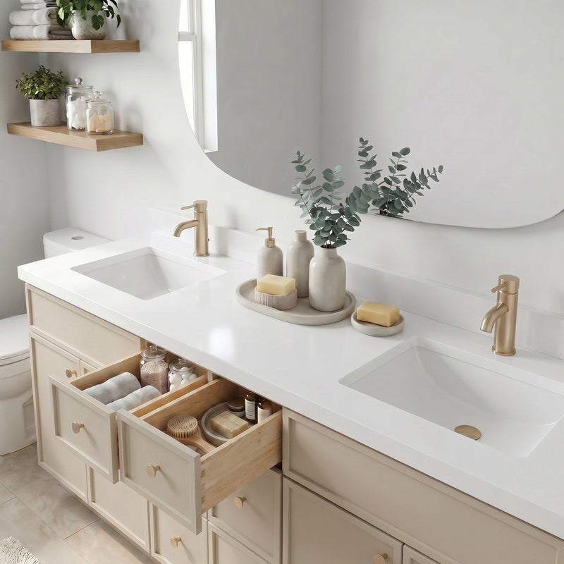 84" Off White Slim Shaker Bathroom Vanity with Quartz Top – 6 Drawers