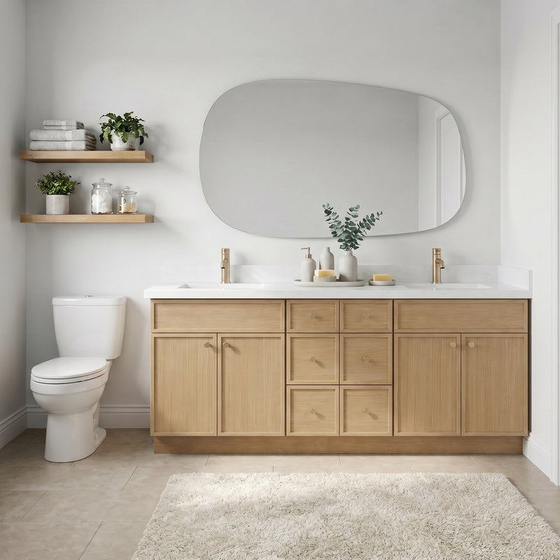 84" White Oak Slim Shaker Bathroom Vanity with Quartz Top – 6 Drawers