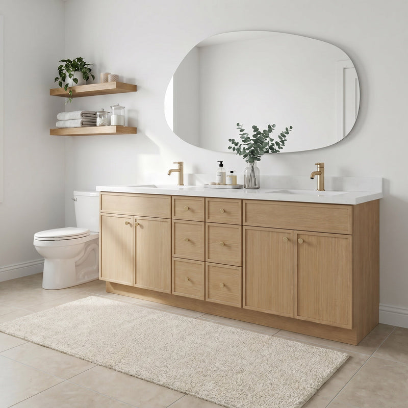 84" White Oak Slim Shaker Bathroom Vanity with Quartz Top – 6 Drawers