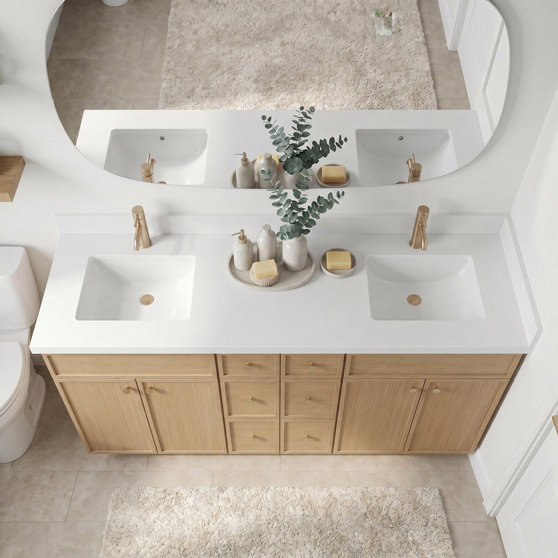 84" White Oak Slim Shaker Bathroom Vanity with Quartz Top – 6 Drawers