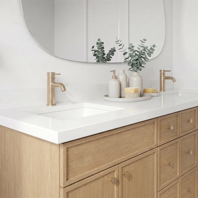 84" White Oak Slim Shaker Bathroom Vanity with Quartz Top – 6 Drawers