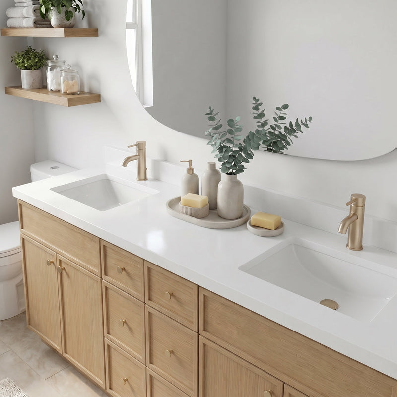 84" White Oak Slim Shaker Bathroom Vanity with Quartz Top – 6 Drawers