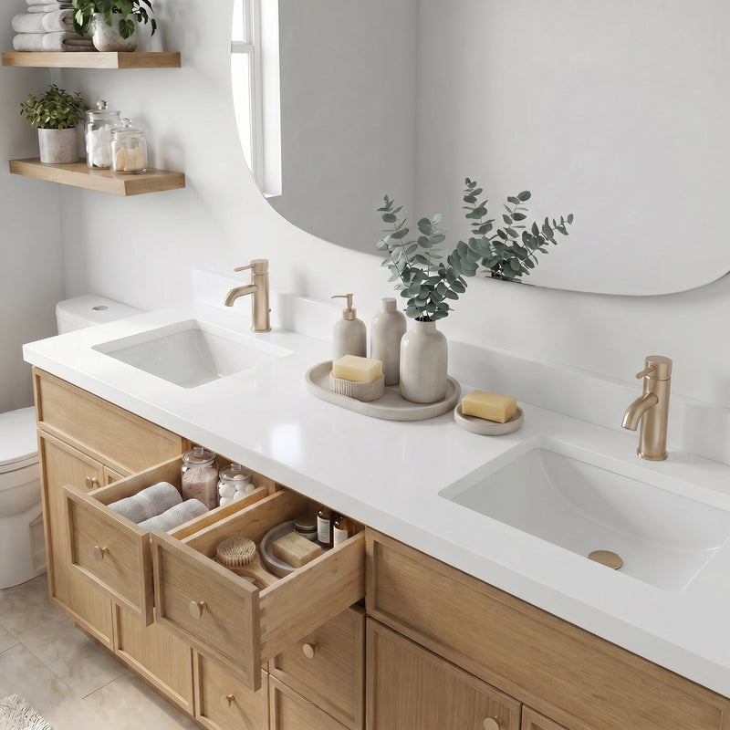 84" White Oak Slim Shaker Bathroom Vanity with Quartz Top – 6 Drawers