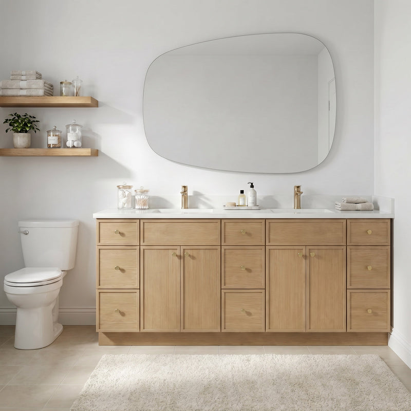 84" White Oak Slim Shaker Bathroom Vanity with Quartz Top – 9 Drawers