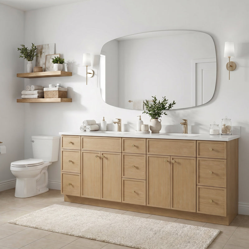 84" White Oak Slim Shaker Bathroom Vanity with Quartz Top – 9 Drawers