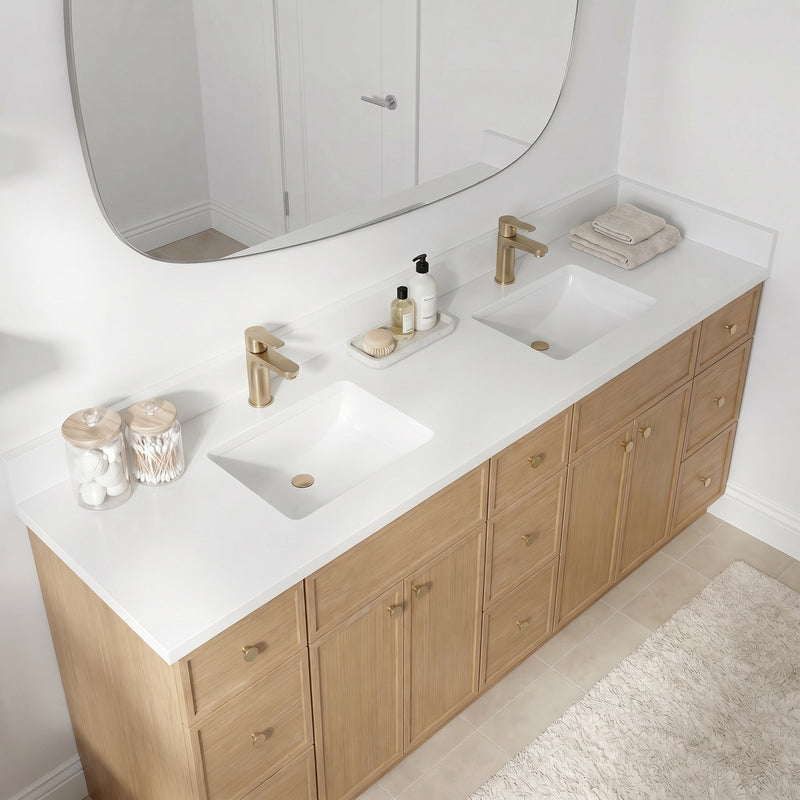 84" White Oak Slim Shaker Bathroom Vanity with Quartz Top – 9 Drawers