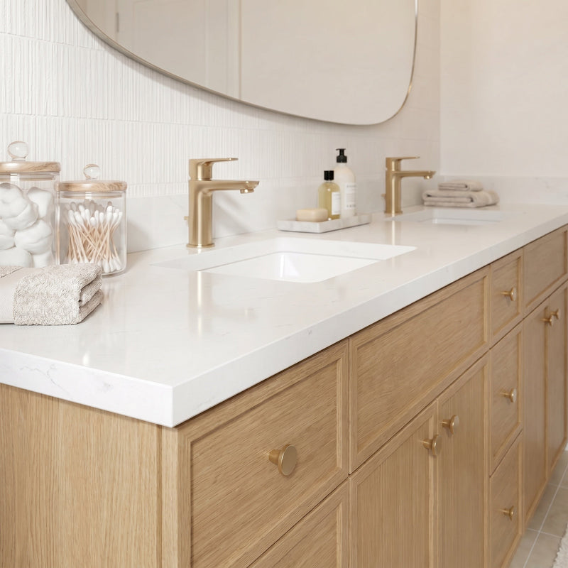 84" White Oak Slim Shaker Bathroom Vanity with Quartz Top – 9 Drawers
