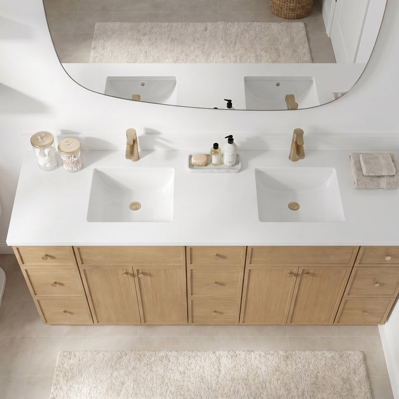 84" White Oak Slim Shaker Bathroom Vanity with Quartz Top – 9 Drawers