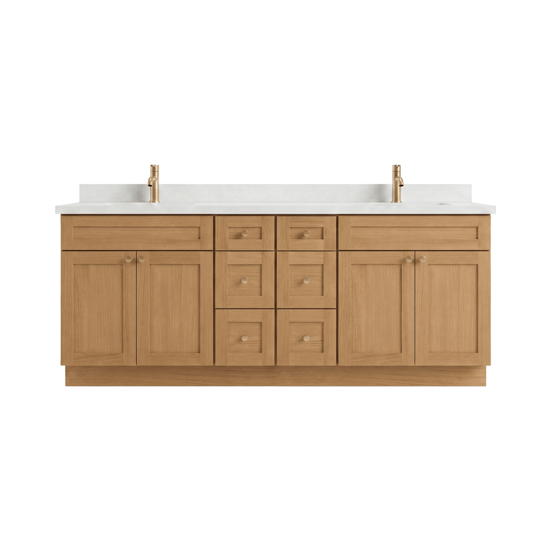 84" White Oak Shaker Bathroom Vanity with Quartz Top – Double Sink