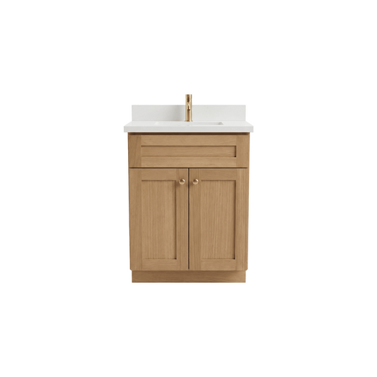 24" White Oak Shaker Bathroom Vanity with Quartz Top – Single Sink