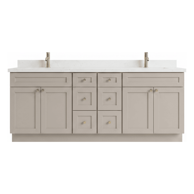 84" Taupe Shaker Bathroom Vanity with Quartz Top – 6 Drawers
