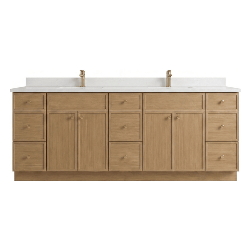 84" White Oak Slim Shaker Bathroom Vanity with Quartz Top – 9 Drawers