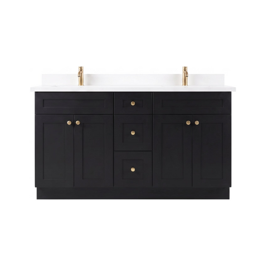 60 inch black slim shaker double sink vanity with white quartz top, front view on white background