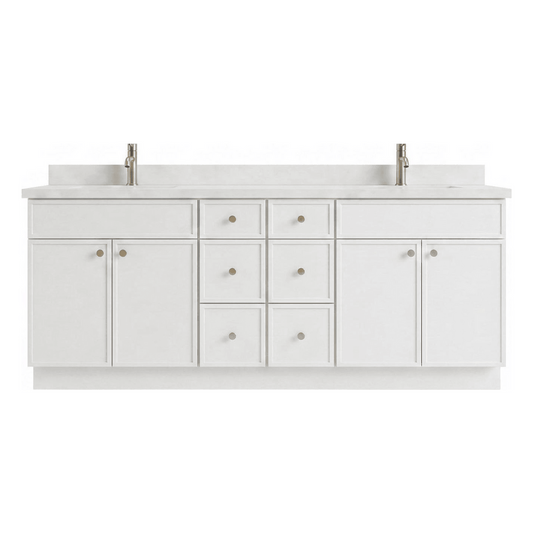 84" White Slim Shaker Bathroom Vanity with Quartz Top – 6 Drawers