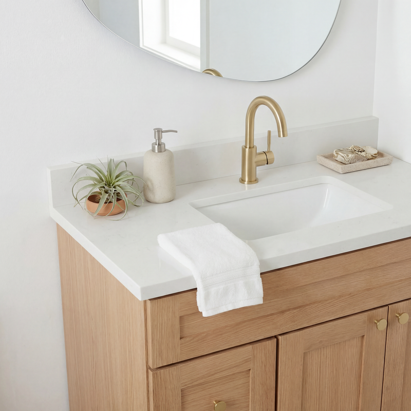 36" White Oak Shaker Bathroom Vanity with Quartz Top – Single Sink