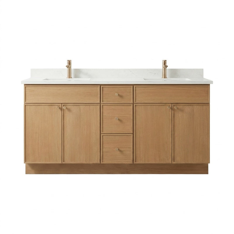 72" White Oak Slim Shaker Bathroom Vanity with Quartz Top – Double Sink