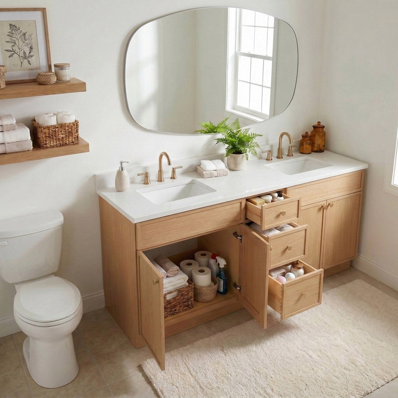 72" White Oak Slim Shaker Bathroom Vanity with Quartz Top – Double Sink