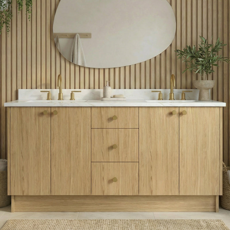 72" Natural Oak European Vanity with Quartz Top – Double Sink