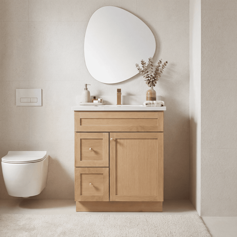 30" White Oak Shaker Bathroom Vanity with Quartz Top – Single Sink